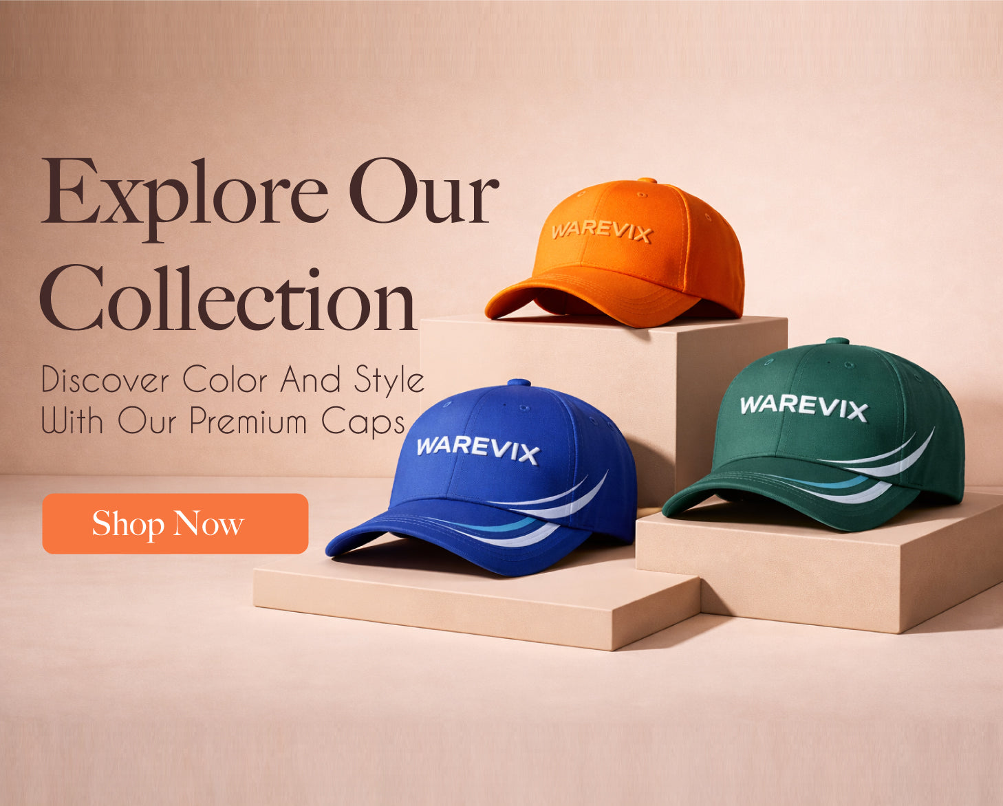 Three caps in orange, blue, and green with 'WAREVIX' branding on a beige background.