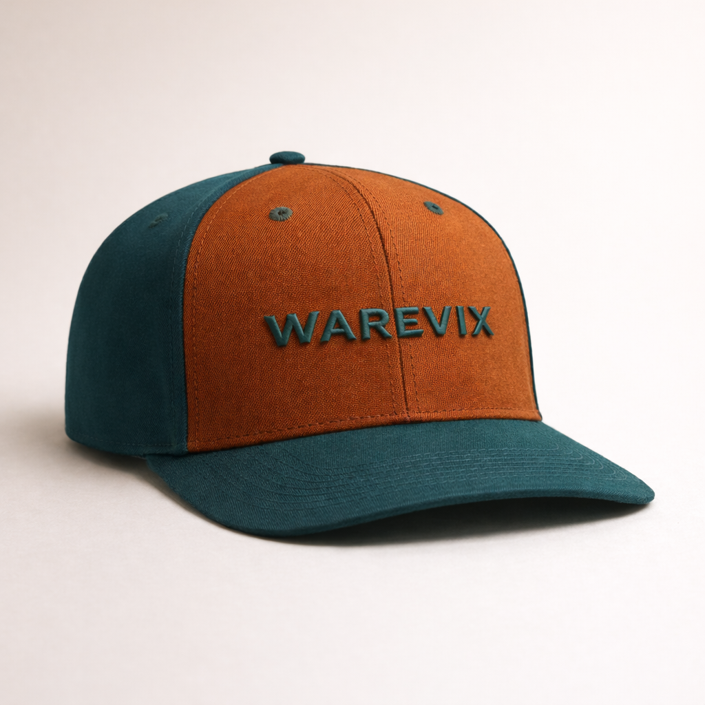 Two-tone orange and teal cap with 'WAREVIX' branding on a beige background