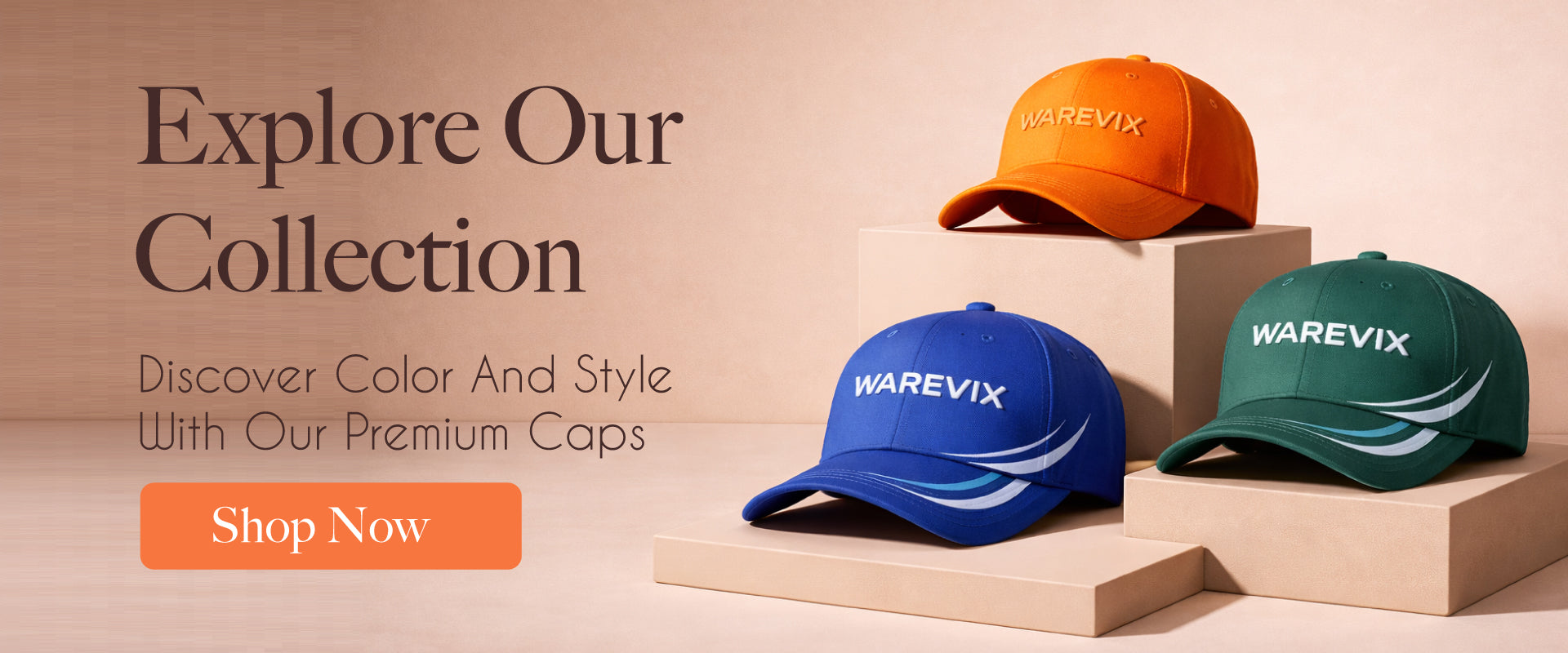 Three caps in orange, blue, and green with 'WAREVIX' branding on a beige background.